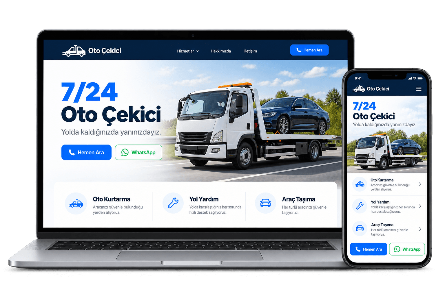 Oto Çekici Paketi: laptop ve telefonda mobil uyumlu çekici web sitesi tasarımı